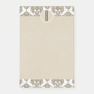 Notas Post-it® Glam Rústico Arpillera Damask Kraft Monograma Inic