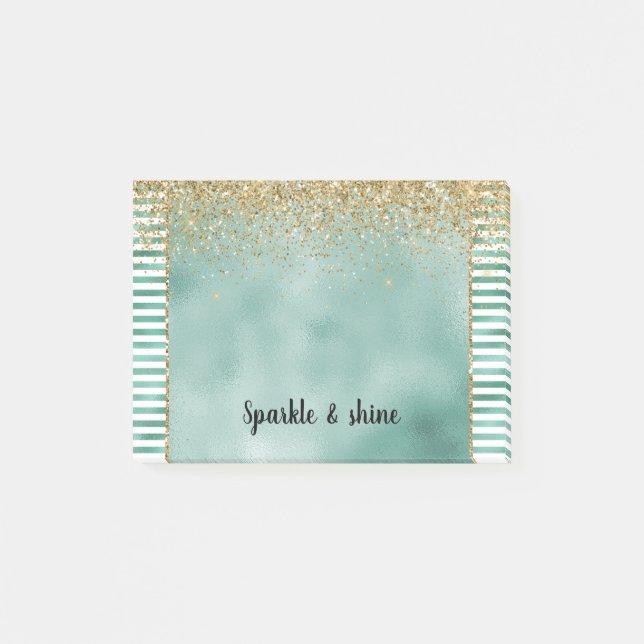 Notas Post-it® Glam Verde Rayas Blancas Brillo Dorado (Anverso)
