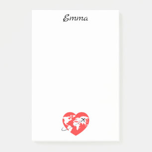 Notas Post-it® Globe & airplane con forma de corazón lindo, nombr