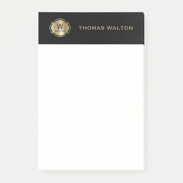 Notas Post-it® Gold Monogram Black Leather Look Elegant (Anverso)