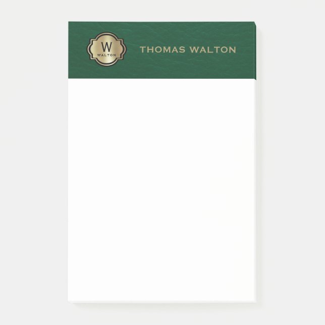 Notas Post-it® Gold Monogram Emerald Green Leather Look Elegant (Anverso)