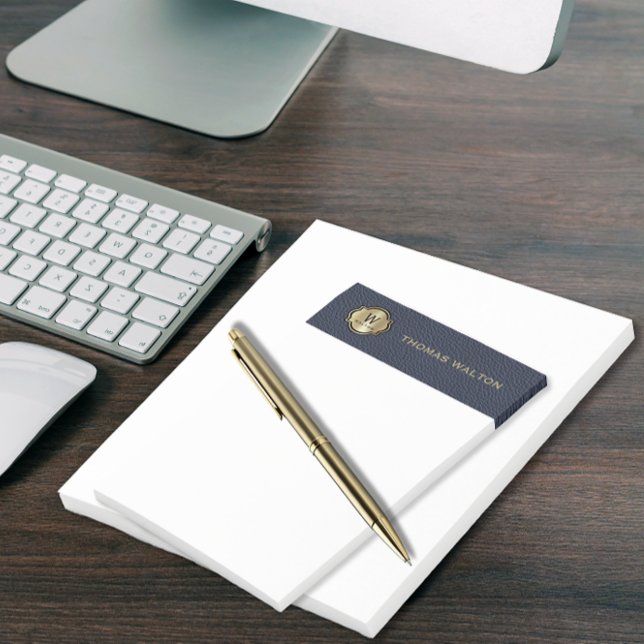 Notas Post-it® Gold Monogram Navy Blue Leather Look Elegant (Subido por el creador)