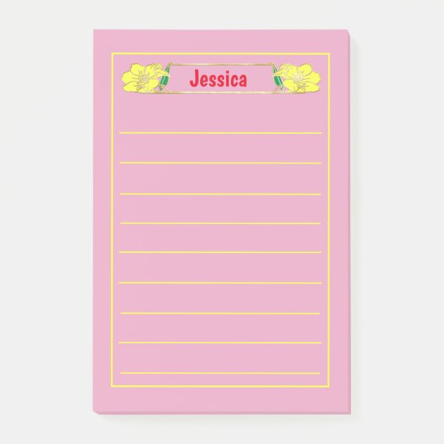 Notas Post-it® Gráfica floral amarilla con marco dorado (Anverso)