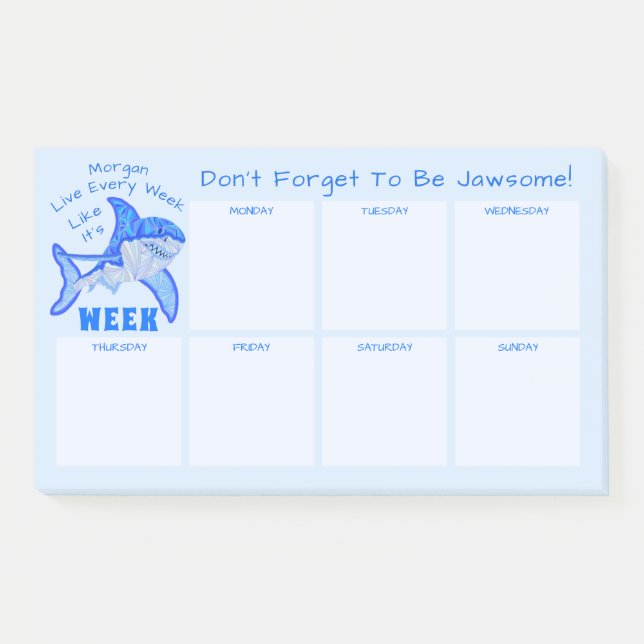 Notas Post-it® Gran calendario semanal blanco del tiburón azul (Anverso)