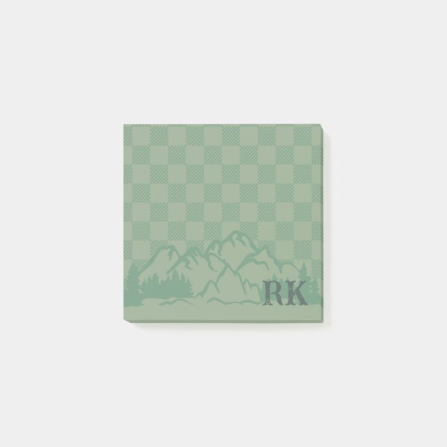 Notas Post-it® Green Check Pattern Rustic Mountains Monogram (Anverso)