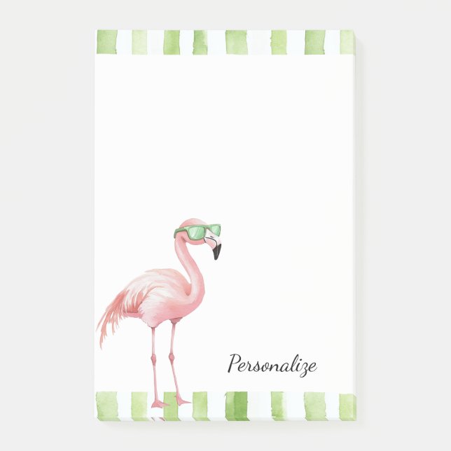 Notas Post-it® Green White Stripes Pink Flamingo Beach Cumpleaños (Anverso)