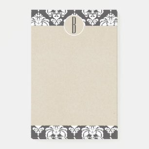 Notas Post-it® Gris Blanco Glam Damask Kraft Monograma Inicial