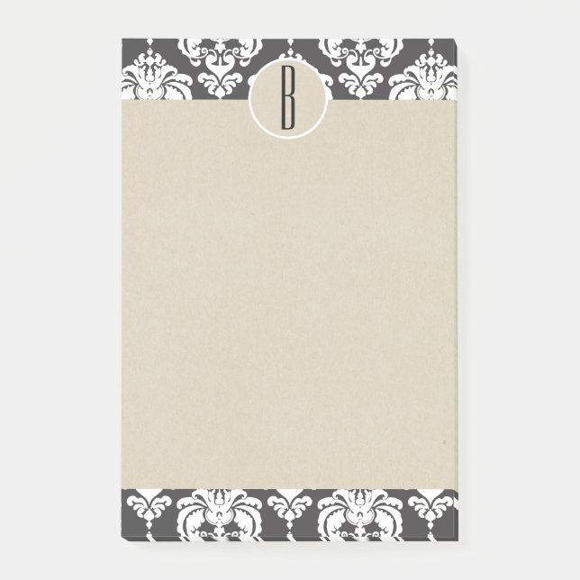 Notas Post-it® Gris Blanco Glam Damask Kraft Monograma Inicial (Anverso)