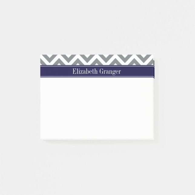 Notas Post-it® Gris Carbón Chevron Grande Azul Marino Monograma N (Anverso)