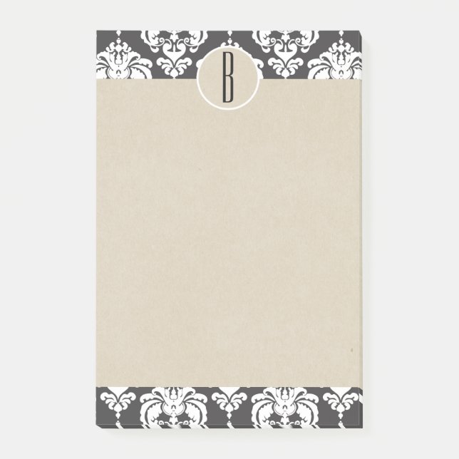 Notas Post-it® Gris White Glam Damask Kraft Monograma inicial (Anverso)