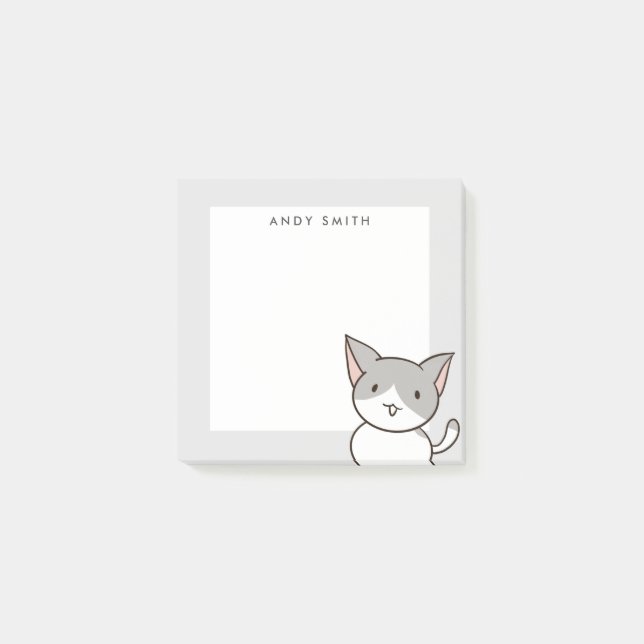 Notas Post-it® Gris y gato blanco personalizados (Anverso)