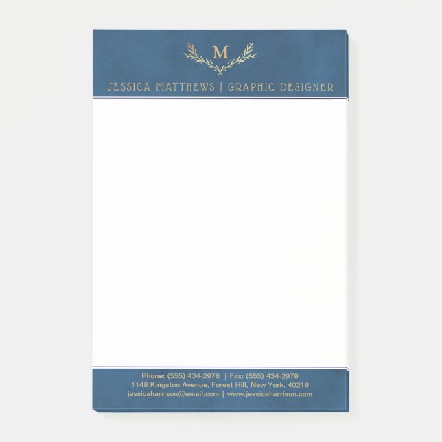 Notas Post-it® Guirnalda de monograma azul y Relieve metalizado d (Anverso)