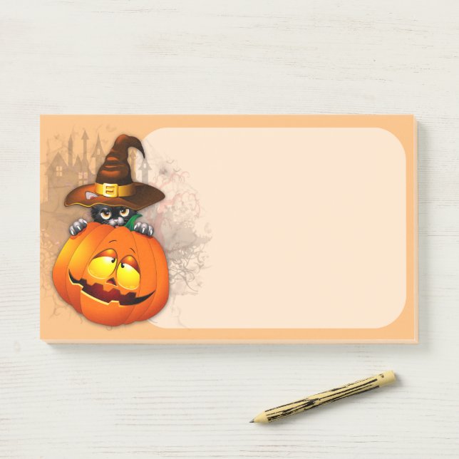 Notas Post-it® Halloween Curte Kitty Witch and Pumpkin Friend (En escritorio)