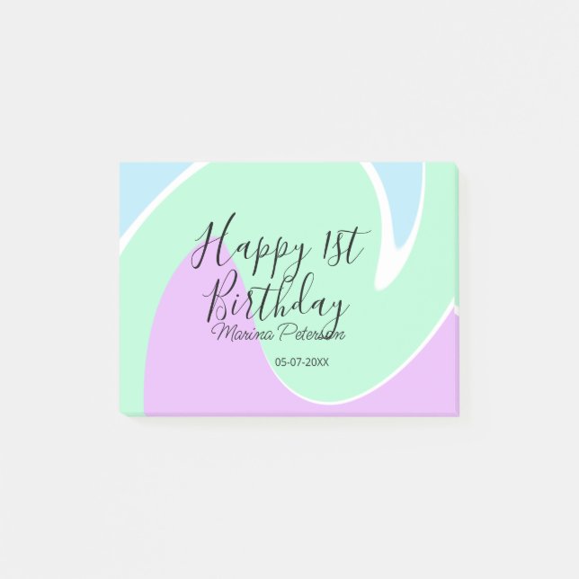 Notas Post-it® Happy 1st birthday pink green blue acrylic pour  (Anverso)