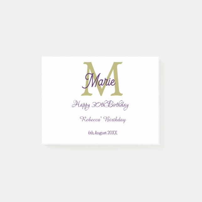 Notas Post-it® Happy 30th Birthday goldenadd name monogram modern (Anverso)