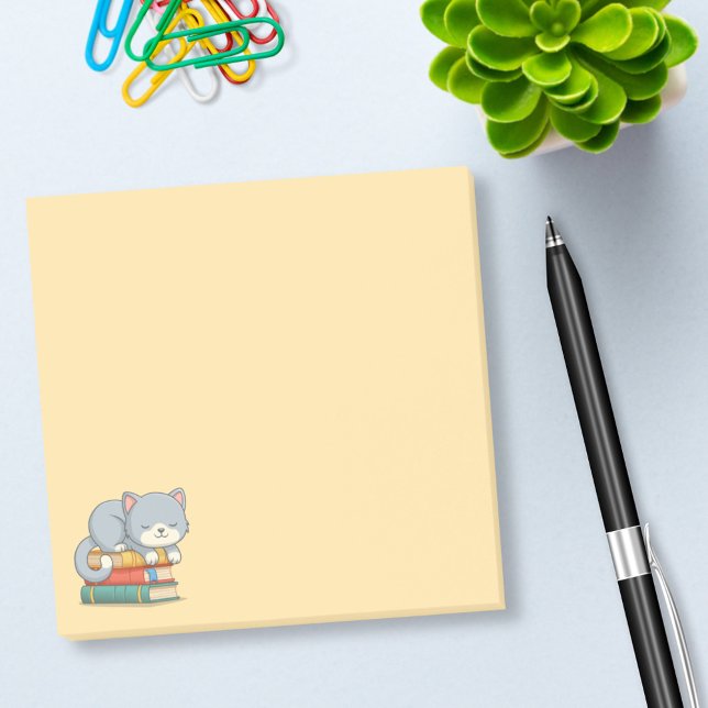 Notas Post-it® Happy Cat on top of a Book Stack Yellow (Subido por el creador)