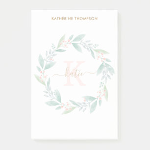 Notas Post-it® Hermosa acuarela Floral Wreath Monograma