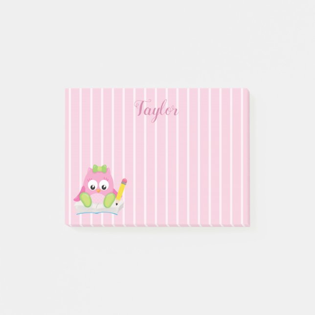Notas Post-it® Hermosa lechuza rosa y blanca con franjas rosadas (Anverso)