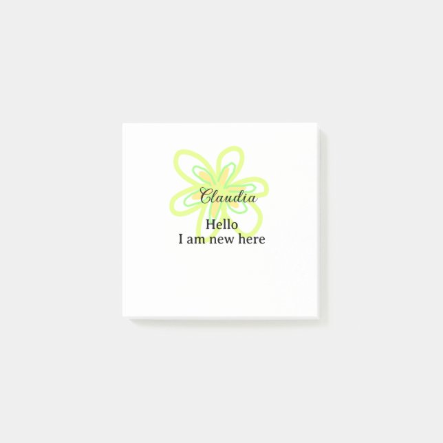 Notas Post-it® Hola soy nuevo aquí nombre amarillo verde flor niñ (Anverso)