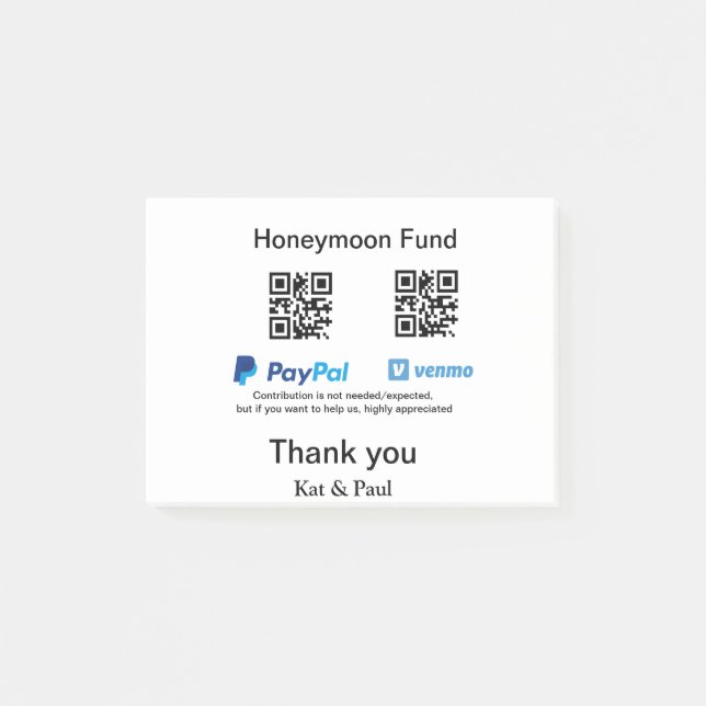 Notas Post-it® Honeymoon Fund PayPal Venmo código QR gracias (Anverso)