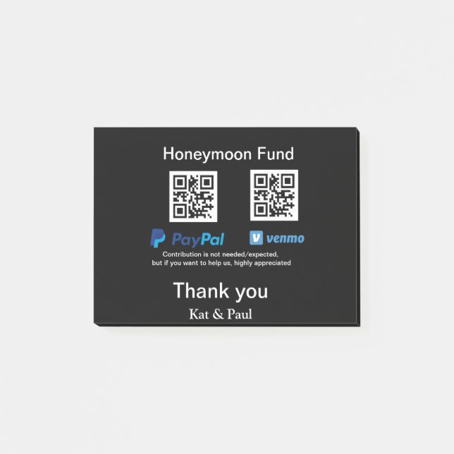 Notas Post-it® Honeymoon Fund PayPal Venmo código QR gracias (Anverso)