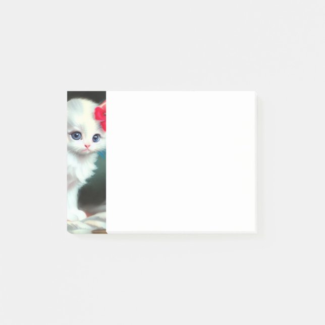 Notas Post-it® Ilustracion de gatito blanco con flores rojas (Anverso)
