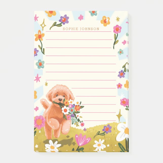 Notas Post-it® Ilustración de perro flores primaverales florales  (Anverso)