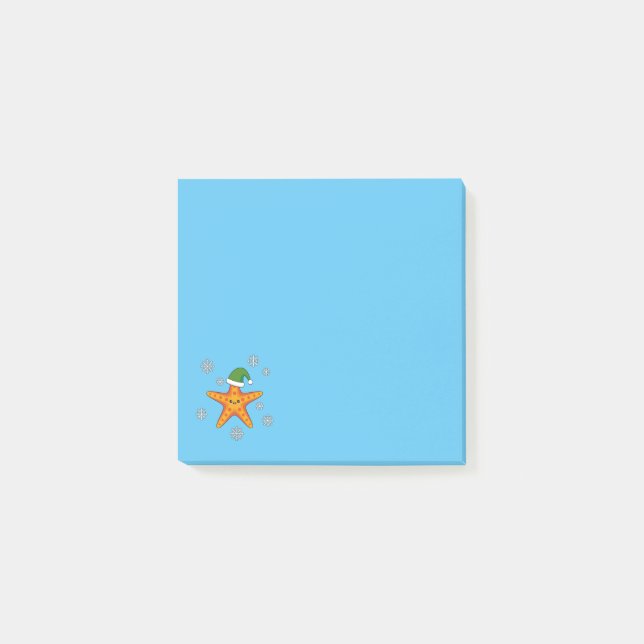 Notas Post-it® Kawaii Navidad Starfish en patrón de búfalo azul (Anverso)