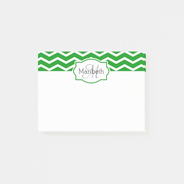 Notas Post-it® Kelly Green Chevron Nombre Monogramado (Anverso)