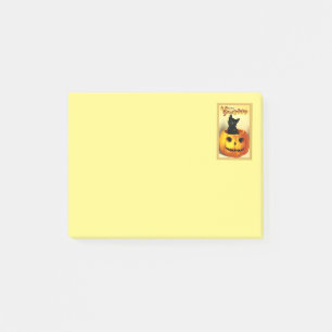 Notas Post-it® Kitty de Halloween sentado en el post de Jack O La