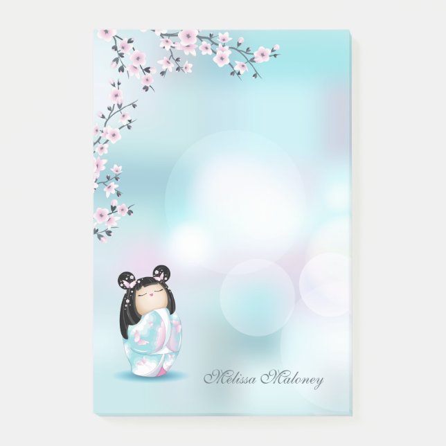 Notas Post-it® Kokeshi Doll Cherry Blossom Pink Turquoise Name (Anverso)