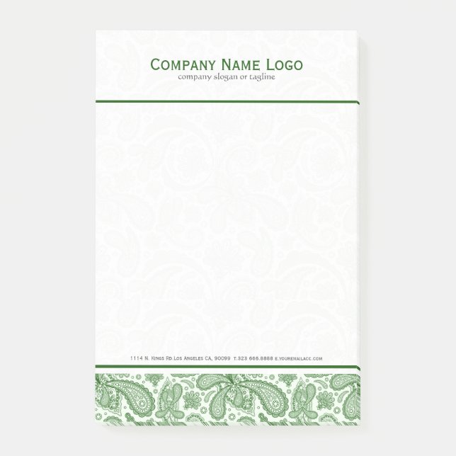 Notas Post-it® Lace de paisley floral blanca y verde (Anverso)