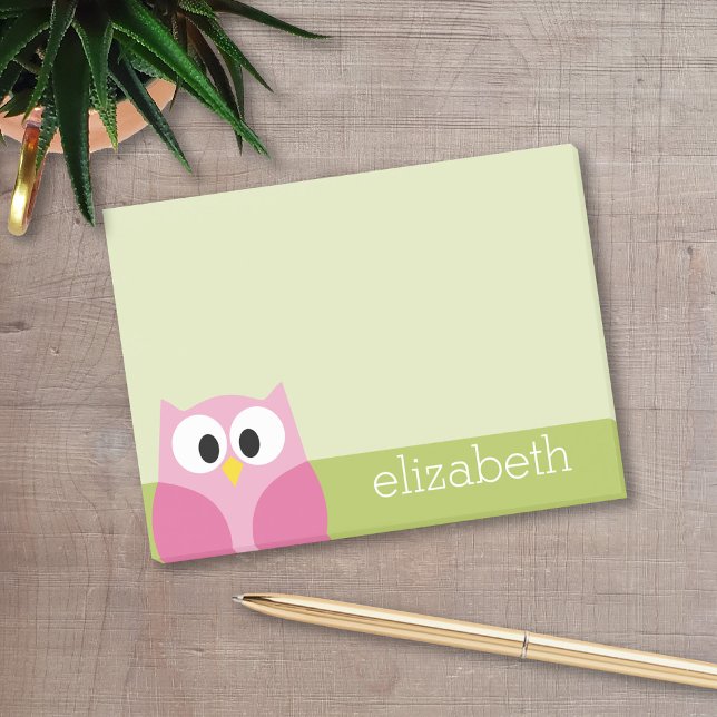 Notas Post-it® Lechuza Personalizado Cuta - Verde Rosa y Lime (A cute owl cartoon with a place to add your name.)