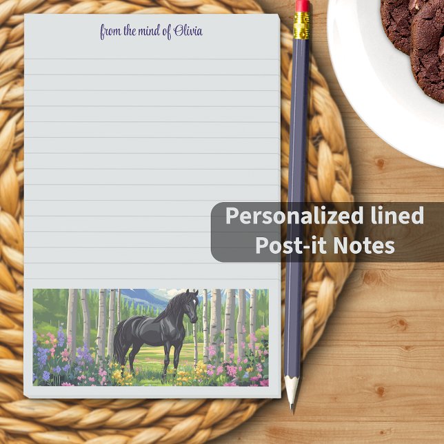 Notas Post-it® Lema personalizado de Mtn Meadow, Chica de caballo (Black Horse Girl Mtn Meadow Personalized Slogan Post-it Notes (lined))