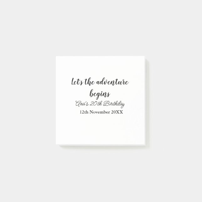 Notas Post-it® lets the adventure begins 20th birthday add name d (Anverso)