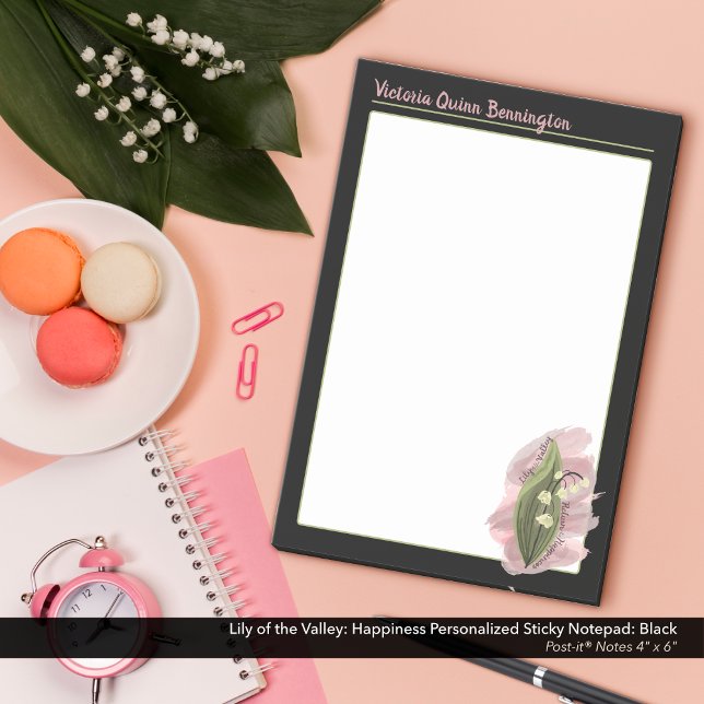 Notas Post-it® Lily de la Felicidad del Valle Negro Personalizado (Lily of the Valley: Watercolor Look, Personalized Black  Post-it® Notes)
