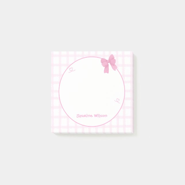 Notas Post-it® Lindo lazo de gingham rosa pastel (Anverso)