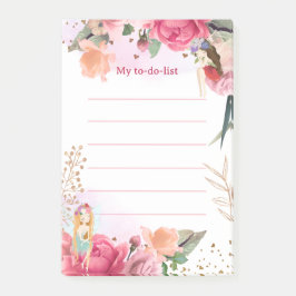 Notas Post-it® Lista de tareas de hadas y flores rosadas
