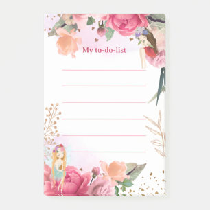 Notas Post-it® Lista de tareas de hadas y flores rosadas