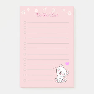 Notas Post-it® Lista de tareas florales y gatito blanco lindo en