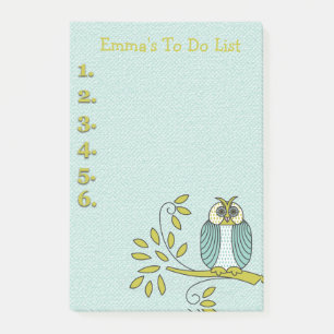 Notas Post-it® Lista de tareas personalizada de búho verde y azul