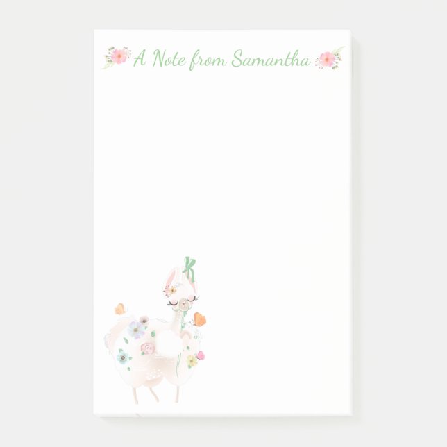 Notas Post-it® Llama de bonito con flores y cinta verde (Anverso)
