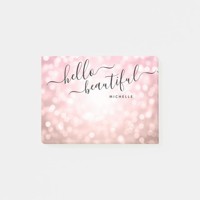 Notas Post-it® Luces de oro Rosa personalizadas "Hello Beautiful" (Anverso)
