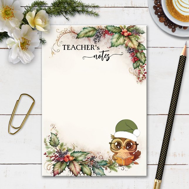 Notas Post-it® Maestra de Búho Navidades Cute (Teacher post it notes featuring a Christmas design in watercolor with a cute owl with Santa hat)