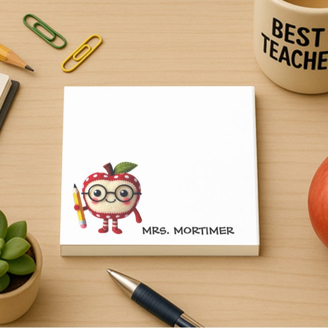 Notas Post-it® Maestra de lápiz amarilla de Apple roja curada 3 x (3 x 3 sticky notes for teachers with a cute apple character holding a pencil. personalize with a nam)