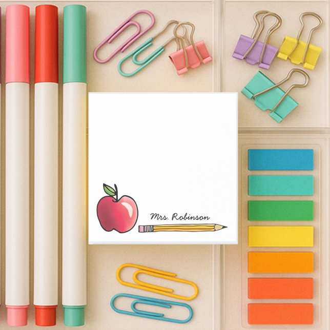 Notas Post-it® Maestra personalizada Apple y Pencil 3 x 3 (4x6 white sticky note with apple and pencil with custom name for your teacher)