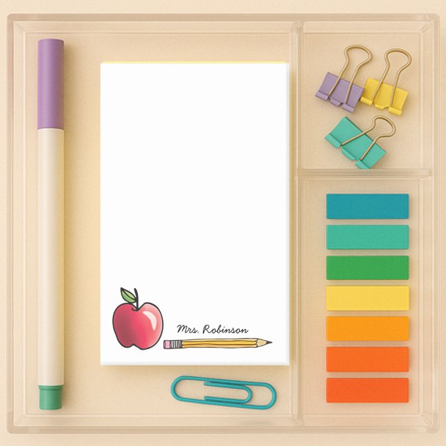 Notas Post-it® Maestra personalizada Apple y Pencil 4 x 6 (4x6 white sticky note with apple and pencil with custom name for your teacher)