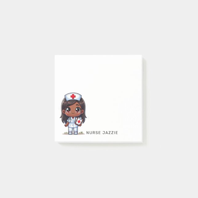 Notas Post-it® Manga Cuidada Enfermera Negra Pelo Marrón Ojos 3 x (Anverso)