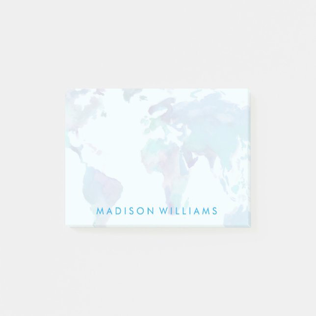 Notas Post-it® Mapa del mundo del azul de la acuarela (Anverso)