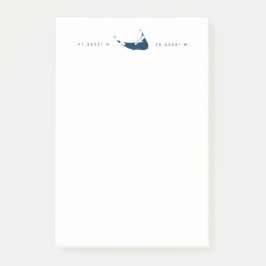 Notas Post-it® Mapa y coordenadas de la isla Nantucket Azul de la